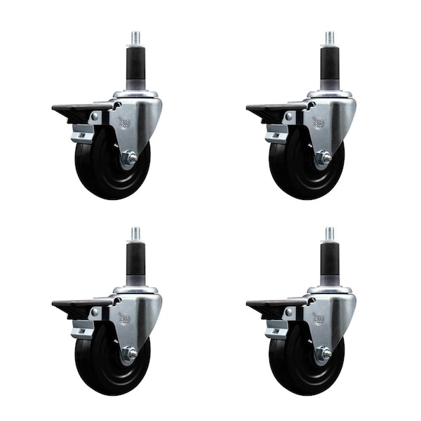 4'' Hard Rubber Swivel 1-1/8'' Expanding Stem Caster Set with Brake, 4PK